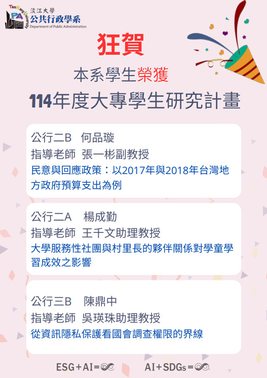 狂賀本系學生榮獲114年度大專學生研究計畫